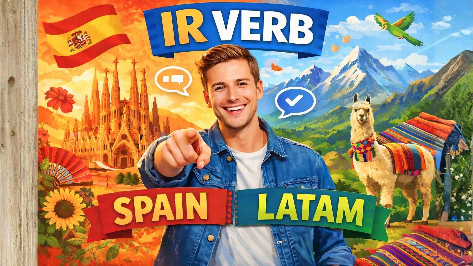 Thumbnail showing Spanish verb “ir” with Spain and Latin America cultural elements and a smiling person