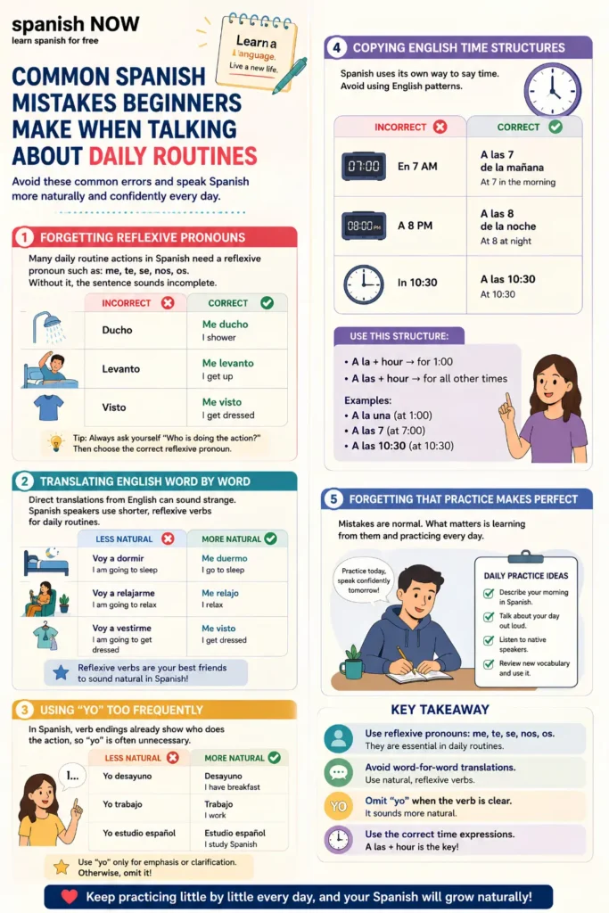 Infographic showing common Spanish mistakes beginners make when talking about daily routines, with corrected examples of reflexive verbs, natural phrasing, and time expressions.