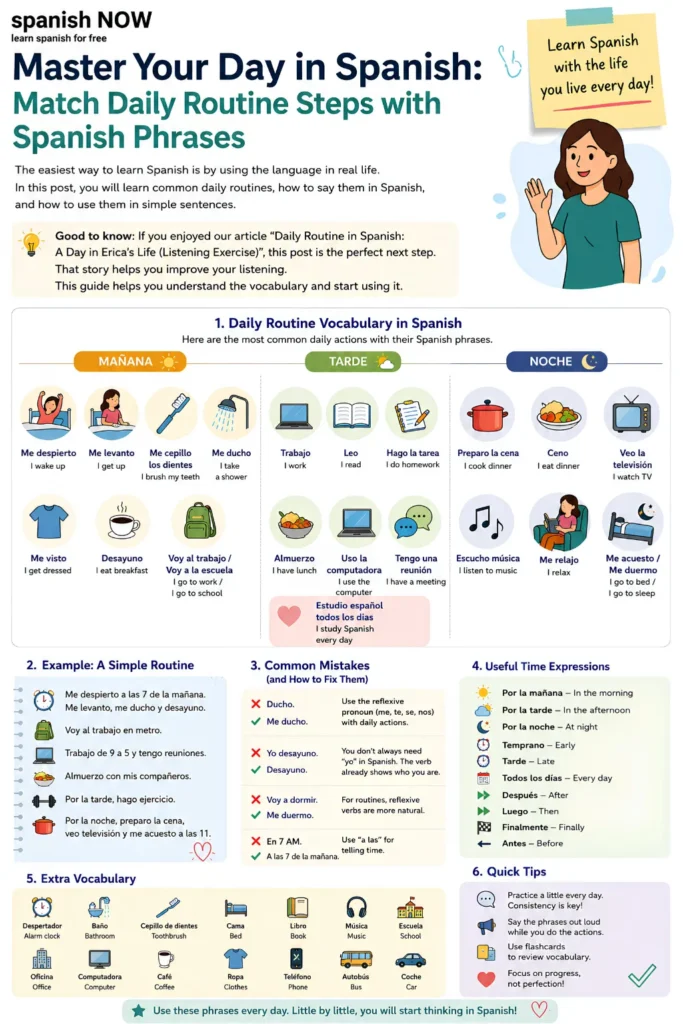 Infographic showing Spanish daily routine vocabulary with morning, afternoon, and night activities, example routine sentences, common mistakes, time expressions, and extra vocabulary for beginners.