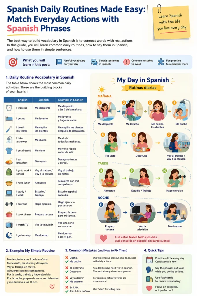 Infographic explaining Spanish daily routine vocabulary with English translations, example sentences, common mistakes, and quick tips for beginners learning everyday Spanish phrases.