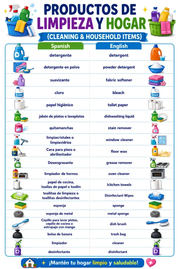 Spanish and English infographic featuring cleaning and household item vocabulary with colorful illustrations