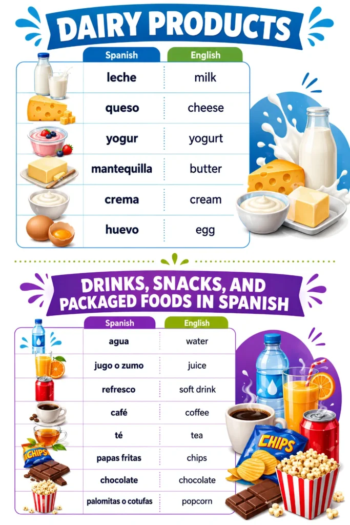 Spanish and English infographic featuring dairy products, drinks, snacks, and packaged foods vocabulary with colorful illustrations