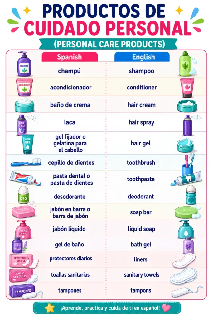 Spanish and English infographic featuring personal care and hygiene product vocabulary with colorful illustrations