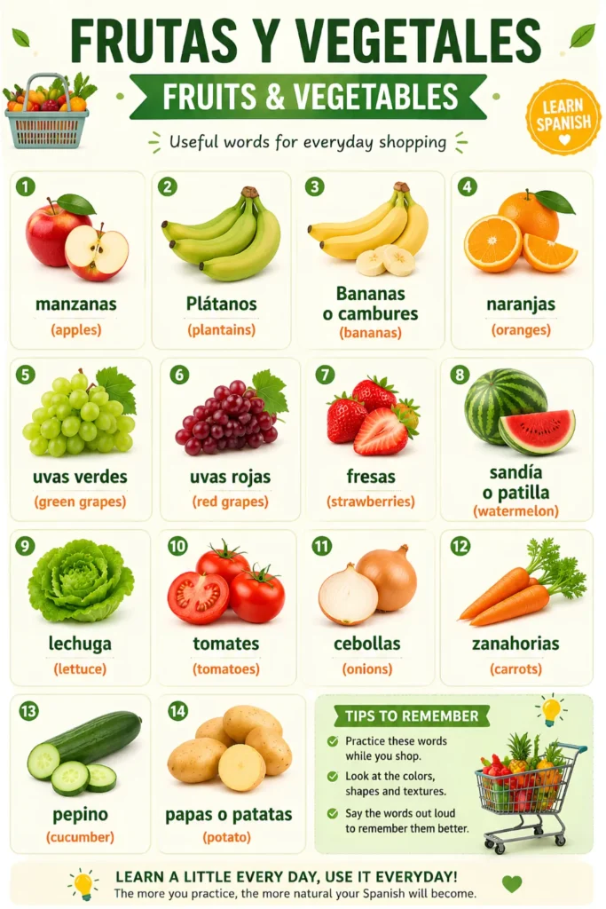Spanish fruits and vegetables vocabulary infographic for beginners with English translations and colorful illustrations